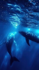 Fototapeta premium Two whales swimming underwater with sunlight filtering through the water
