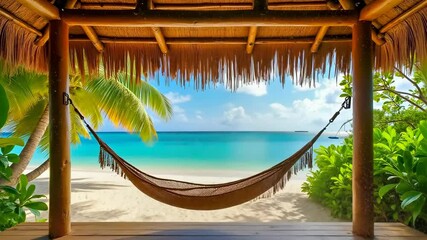 Hammock, beach relaxation, tropical getaway. Vacation spot. Palm trees enhance serene view. Ocean breeze cools sunny days. Leisure time promotes mental health.