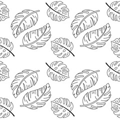 Black and white seamless tropical leaf pattern for coloring