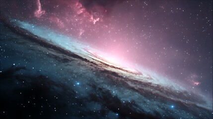 A spiral galaxy with pink hues, dust lanes and bright stars in the dark void