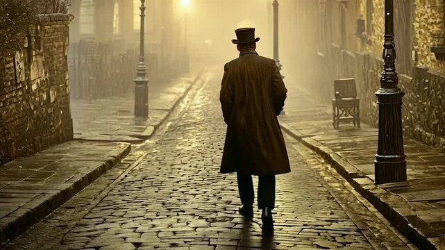 Man in top hat walks cobblestone street, foggy night