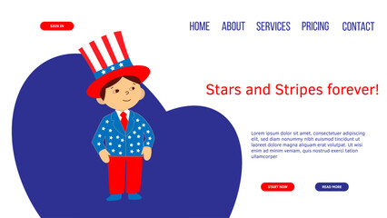 Web page design with Patriotic Сhild. 4th of July, United Stated Independence day. Vector Illustration for poster, banner, website
