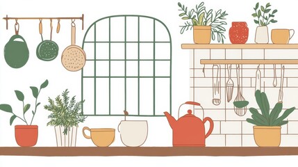 Cozy kitchen scene with plants and utensils.