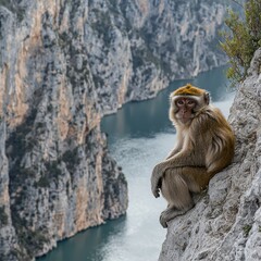 Obraz premium Macaque perched on a cliffside overlooking a river winding through canyon rocks