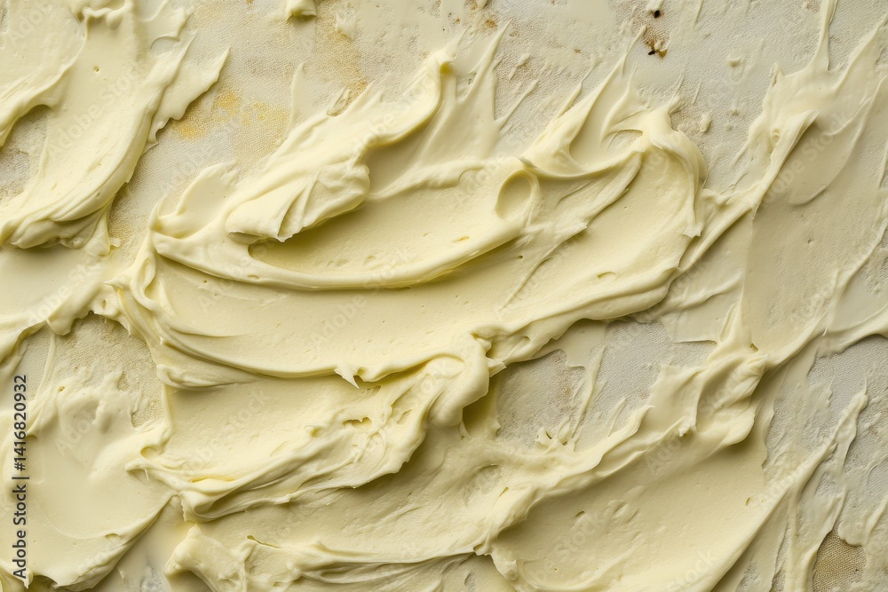 Poster A macro shot reveals a thick, creamy spread with peaks and smooth textures creating an abstract pattern on a textured surface.