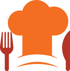 chef-s hat above a fork and knife vector art.