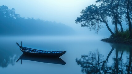 Tranquil boat on still water, trees reflecting under blue haze