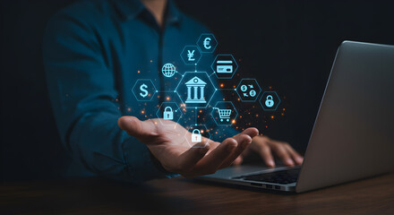 Conceptual Digital Banking Technology Interface Displayed Over Open Hand with Laptop on Wooden Table Against Dark Background