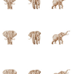 Seamless watercolor safari pattern with elephants on a transparent PNG background, perfect for layering in designs, textiles, packaging, kids’ projects, and digital artwork