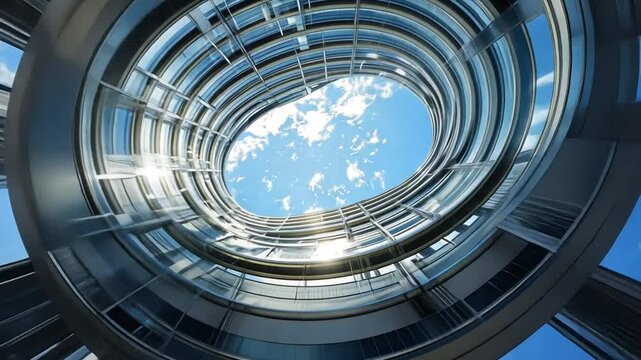 Architectural marvel, futuristic building design with circular atrium view, bright blue sky