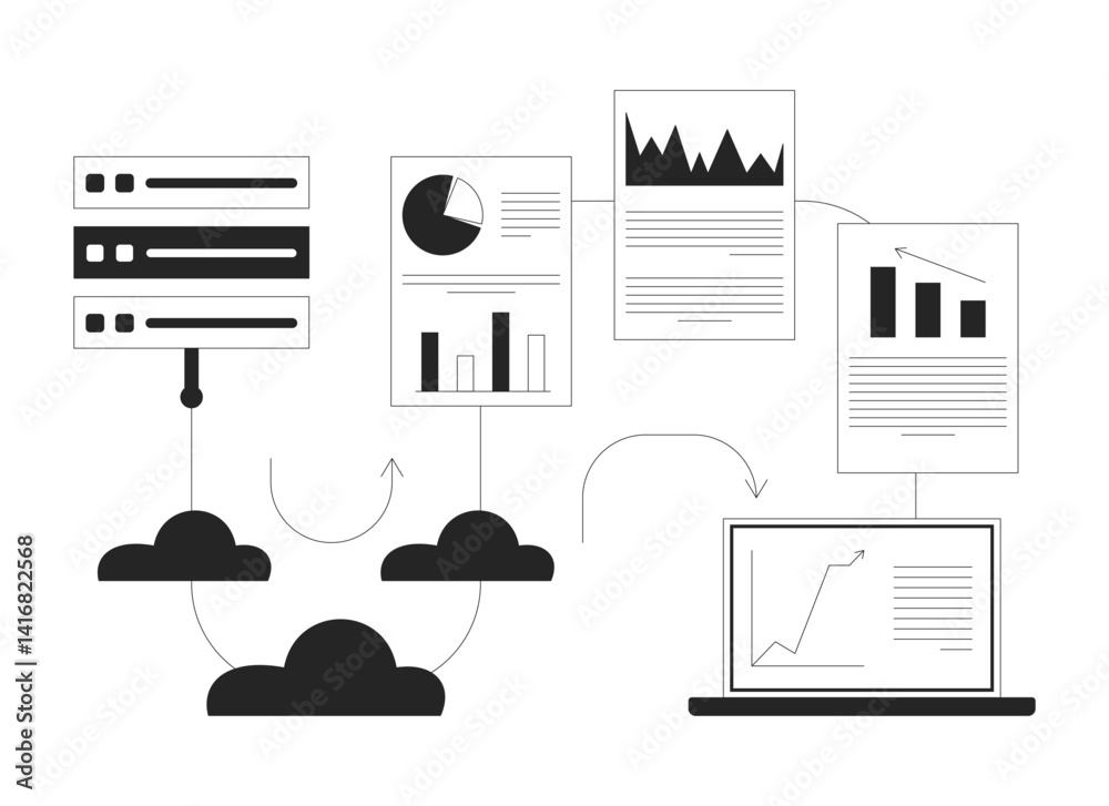 Poster transfer data analytics from server to laptop line illustration concept. cloud computing, database p