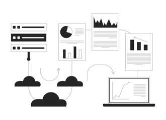 Transfer data analytics from server to laptop line illustration concept. Cloud computing, database processing, business intelligence outline 2D composition isolated. Ink linear metaphor vector art