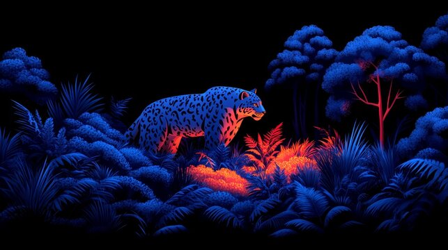 Mystical pixelated leopard prowls under the cosmic glow of a neon rainforest with bioluminescent flora and shadowy pixel art wilderness exploration