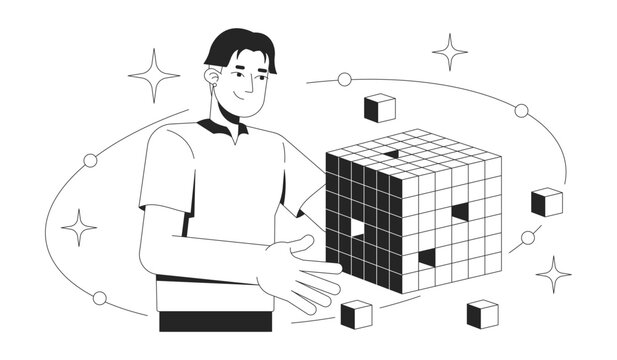 OLAP data cube analysis line illustration concept. Digital analytical processing. Business intelligence. Analyst with modular database outline 2D character isolated. Ink linear metaphor vector art