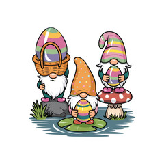A hand-drawn cartoon illustration of cute Easter gnomes in different poses
