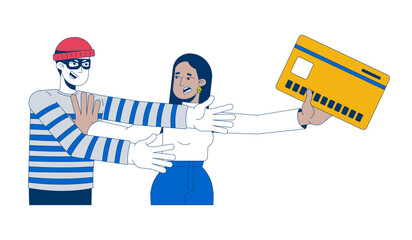Protecting savings from thief 2D illustration concept. Financial scam prevention. Arab woman defending credit card from theft cartoon characters isolated on white. Flat abstract vector metaphor
