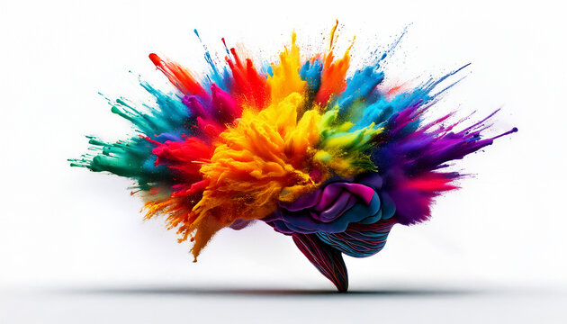 Dynamic explosion of vibrant colored powder forms the shape of a human brain against a clean white background.