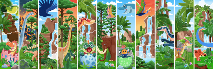 Prehistoric dinosaurs and baby dino characters in eggs vector collage. Cartoon funny titanosauria, brachiosaurus and dimorphodon pterosaur characters. Cute mammoth, argentavis and euhelopus dinosaurs © Vector Tradition