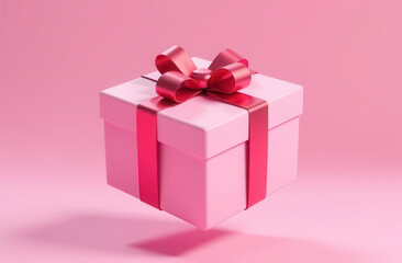 Fototapeta premium A pink gift box with a red bow floats in the air on a light pink background