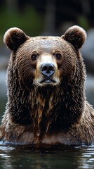 Obraz premium Close-up of a brown bear's head emerging from water.