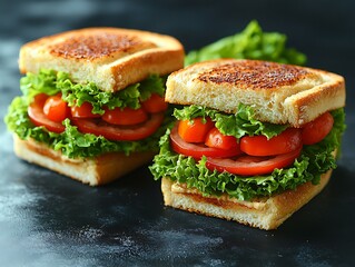 Two toasted sandwiches, layered with lettuce and tomato.