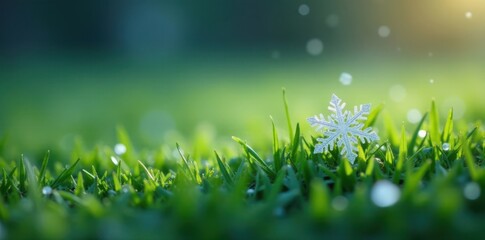 Obraz premium Tiny snowflake landing softly on grass, winter, snowflakes