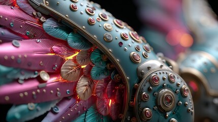 Fototapeta premium Intricate steampunk-style mechanical wings with vibrant feathers and glowing accents