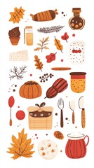 Autumnal harvest food and utensil collection.