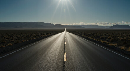 Desert highway in minimalist style with warm colors stretching toward sunset with mountains