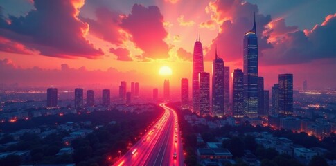 Fototapeta premium Blueprint style image of a futuristic cityscape at sunset, architectural, neon, night