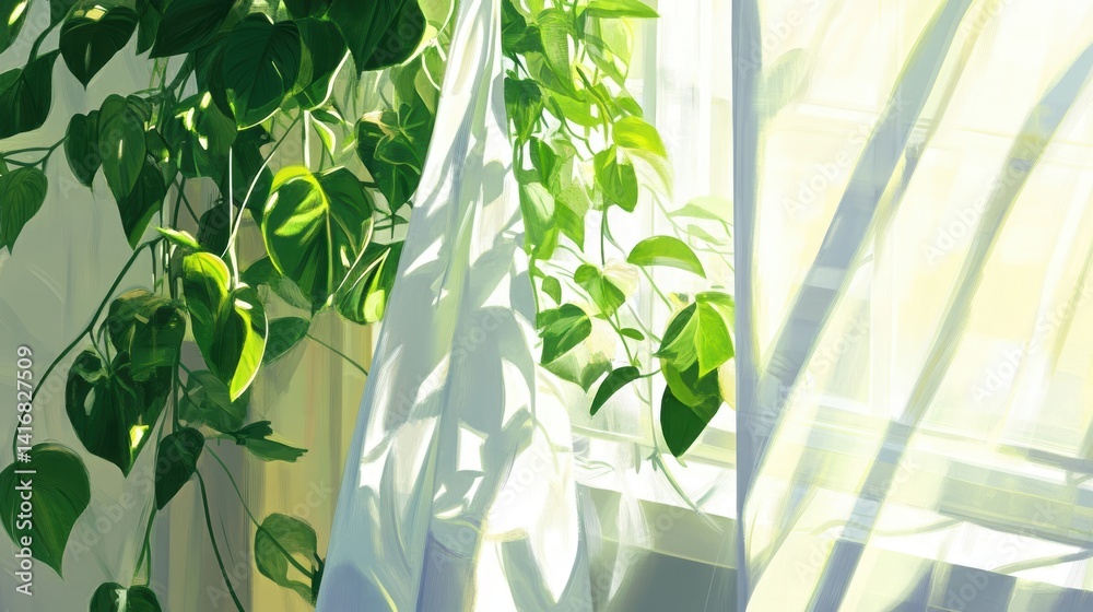 Poster sunlight streams through sheer curtains, illuminating trailing houseplants.