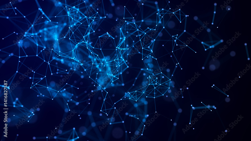 Aufkleber Blue abstract background with connection lines, dots and triangles. Technology network connection. Digital structure of particles. 3D rendering.
