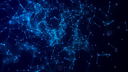Blue abstract background with connection lines, dots and triangles. Technology network connection. Digital structure of particles. 3D rendering.