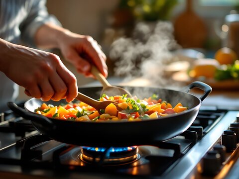 Close-up of hands cooking vegetables in a frying pan. Perfect for culinary content, home cooking themes, or recipe visuals