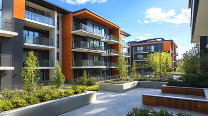Fototapeta premium Modern apartment complex with a landscaped courtyard.