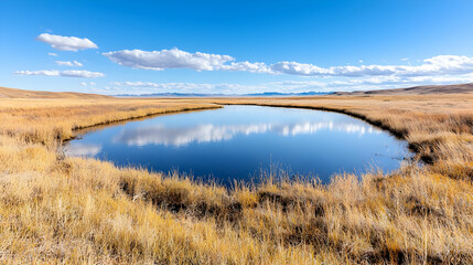 Obraz premium Serene landscape calm water reflecting blue sky and golden grasslands