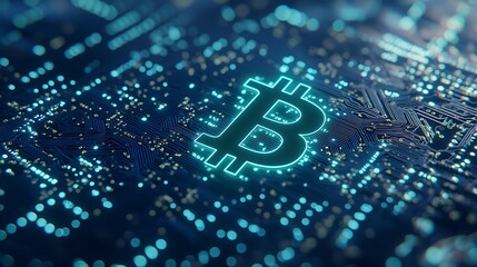 Digital bitcoin symbol superimposed on a circuit board.
