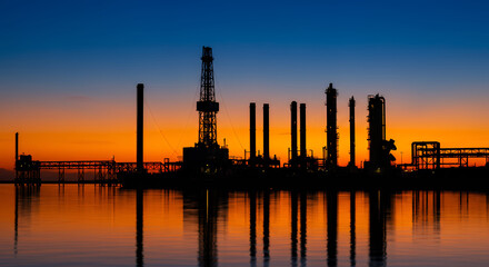 Obraz premium Dramatic Silhouette of Offshore Oil Refinery at Sunset Industrial Landscape