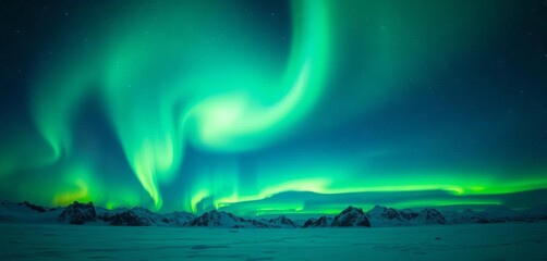 Vast, starlit Arctic sky ablaze with vibrant green aurora borealis, ample copy space, gradient, borealis