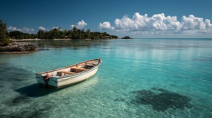 Fototapeta premium Calm tranquil turquoise waters with a small boat
