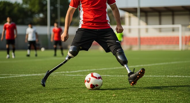 Amputee Soccer Player with Prosthetic Leg Training on Field