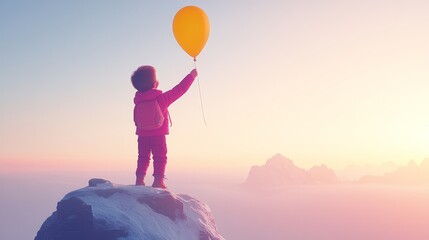 Pixelated dreamscape a child stands atop a misty mountain holding a vibrant yellow balloon against a pastel sunrise evoking hope and serenity