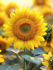 Fototapeta premium A vibrant sunflower in full bloom with a blurred background of similar flowers