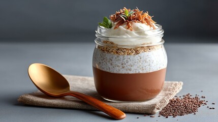 Peppermint overnight oats with dark chocolate shavings in mason jar on dark background under soft light