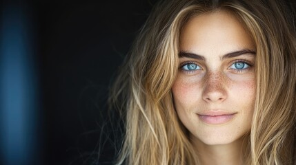 Fototapeta premium Close up portrait young woman blonde hair soft lighting calm expression authentic natural beauty