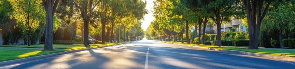 Sun-Drenched Suburban Avenue, Trees Canopying Quiet Neighborhood Road