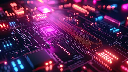 Neon Circuitry: A Futuristic Representation of Glowing Circuit Boards Illuminated with Dynamic Pink, Blue, and Orange Lights, Depicting Advanced Technology and Digital Connectivity