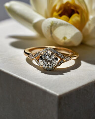 An elegant diamond engagement ring with a prominent solitaire, set on a slender gold band.