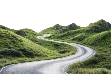 Winding road through lush green hills isolated on transparent background