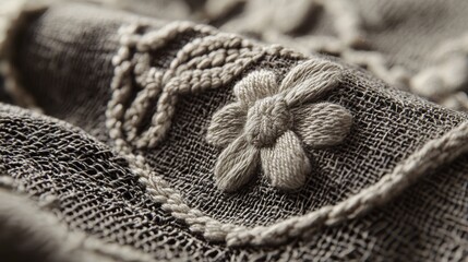 Embroidered flower adorns fabric. Delicate craft details shown